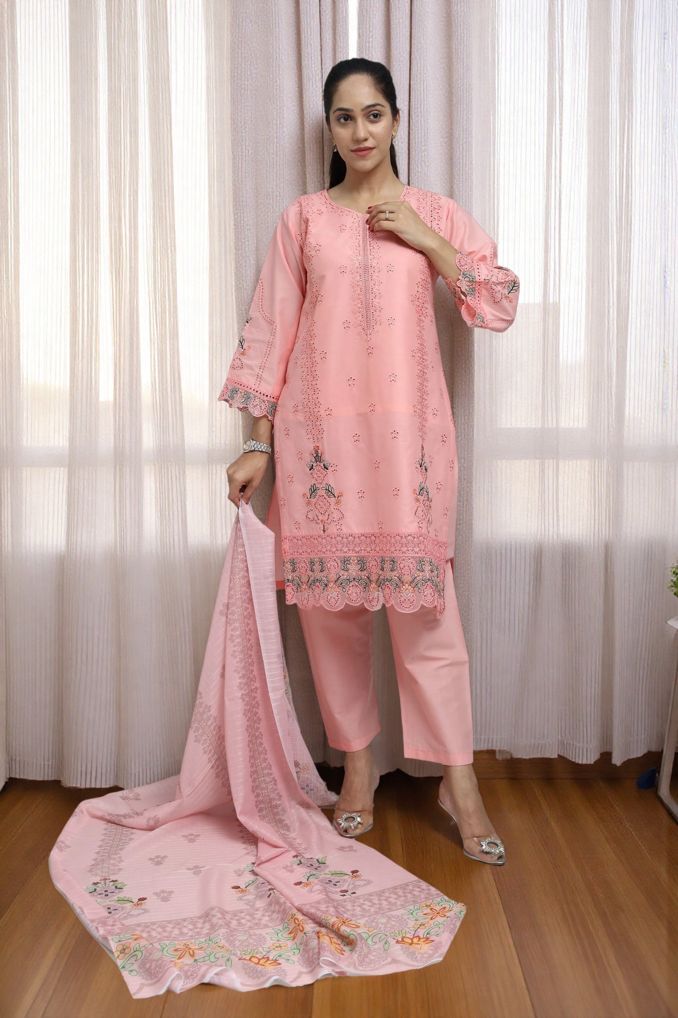 Premium 3-Piece Embroidered Cotton Suit – Soft Fabric with Boring Work | Naqshé