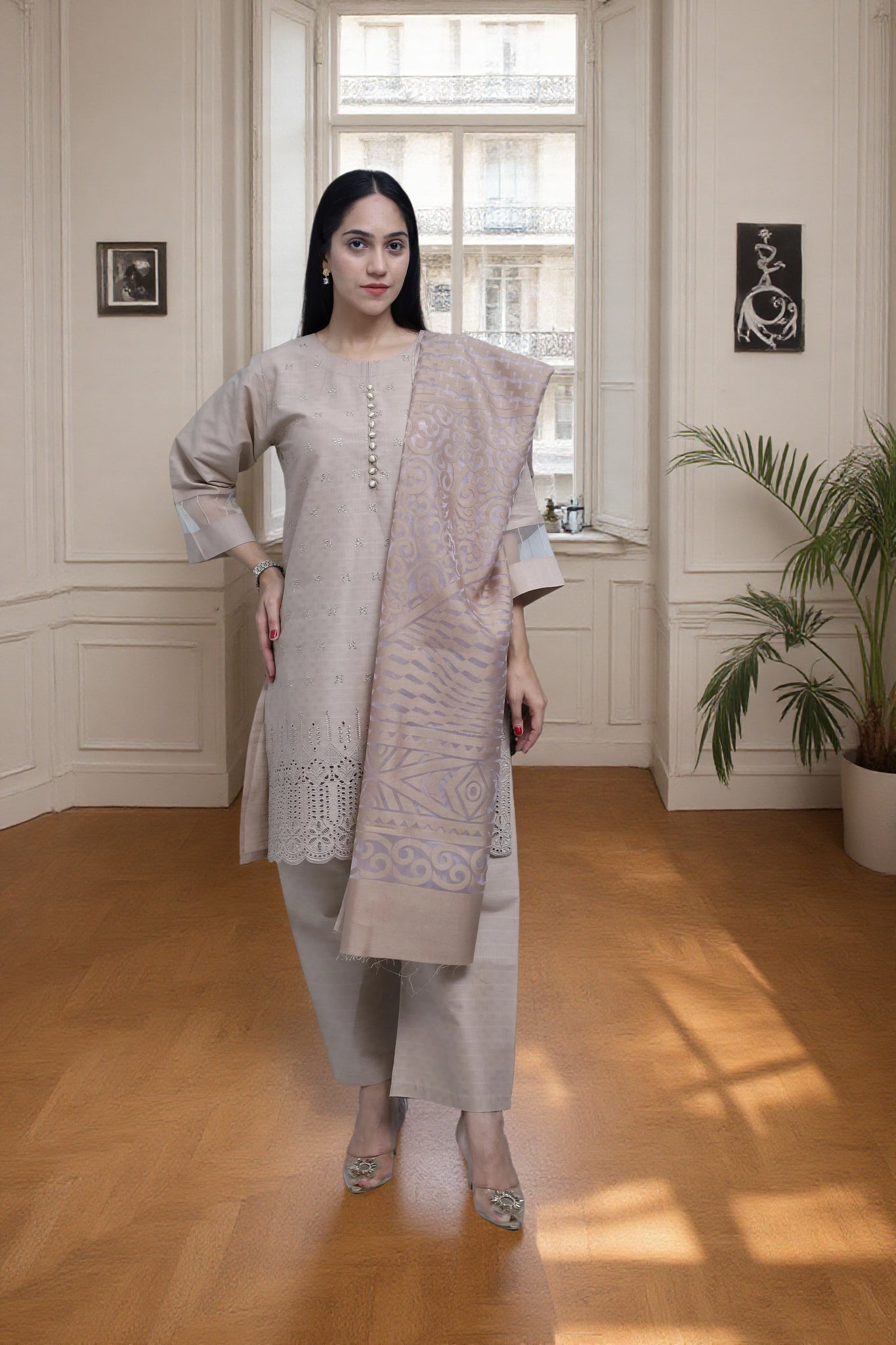Premium 3-Piece Embroidered Cotton Suit – Soft Fabric with Boring Work | Naqshé