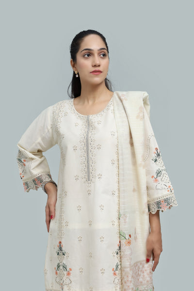 Premium 3-Piece Embroidered Cotton Suit – Soft Fabric with Boring Work | Naqshé
