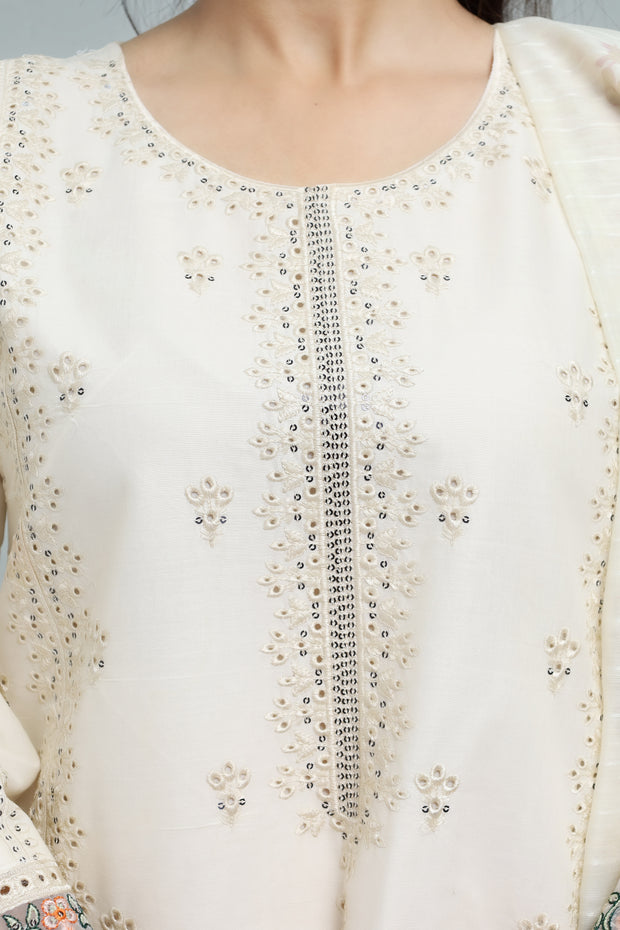 Premium 3-Piece Embroidered Cotton Suit – Soft Fabric with Boring Work | Naqshé