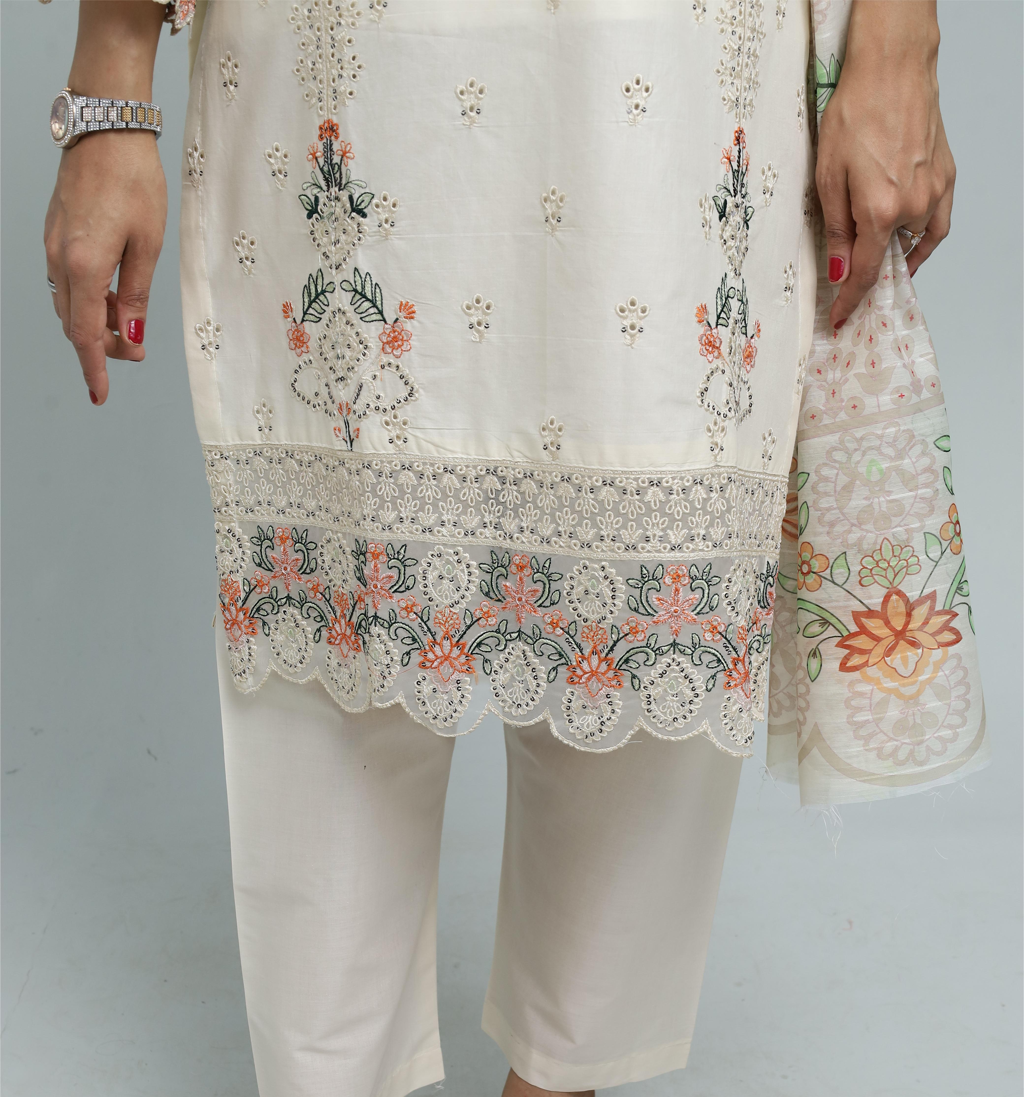 Premium 3-Piece Embroidered Cotton Suit – Soft Fabric with Boring Work | Naqshé