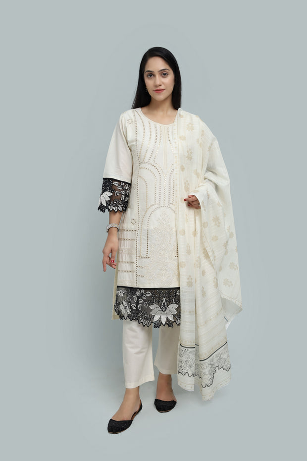 Premium 3-Piece Embroidered Cotton Suit – Soft Fabric with Boring Work | Naqshé