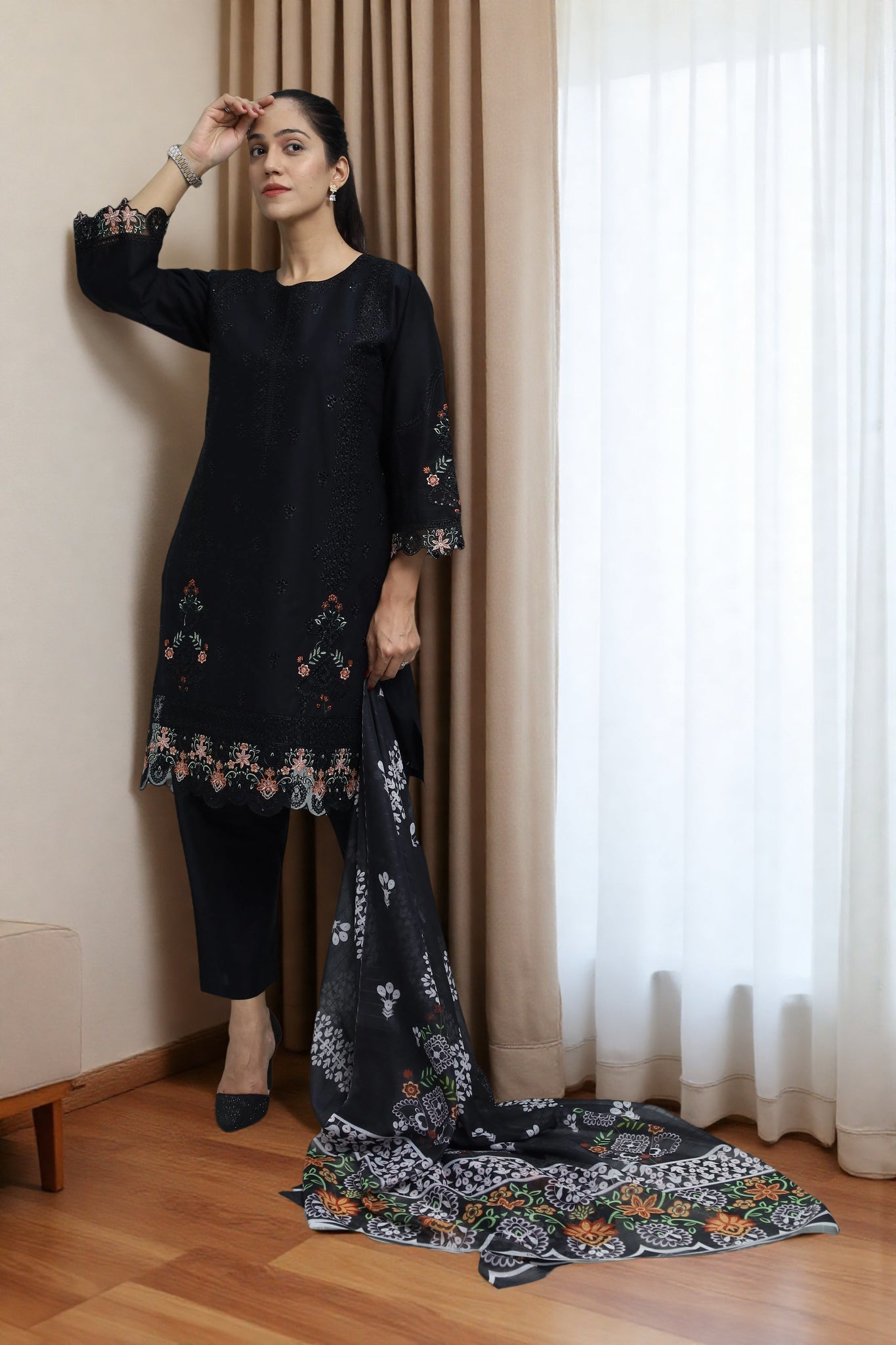 Premium 3-Piece Embroidered Cotton Suit – Soft Fabric with Boring Work | Naqshé