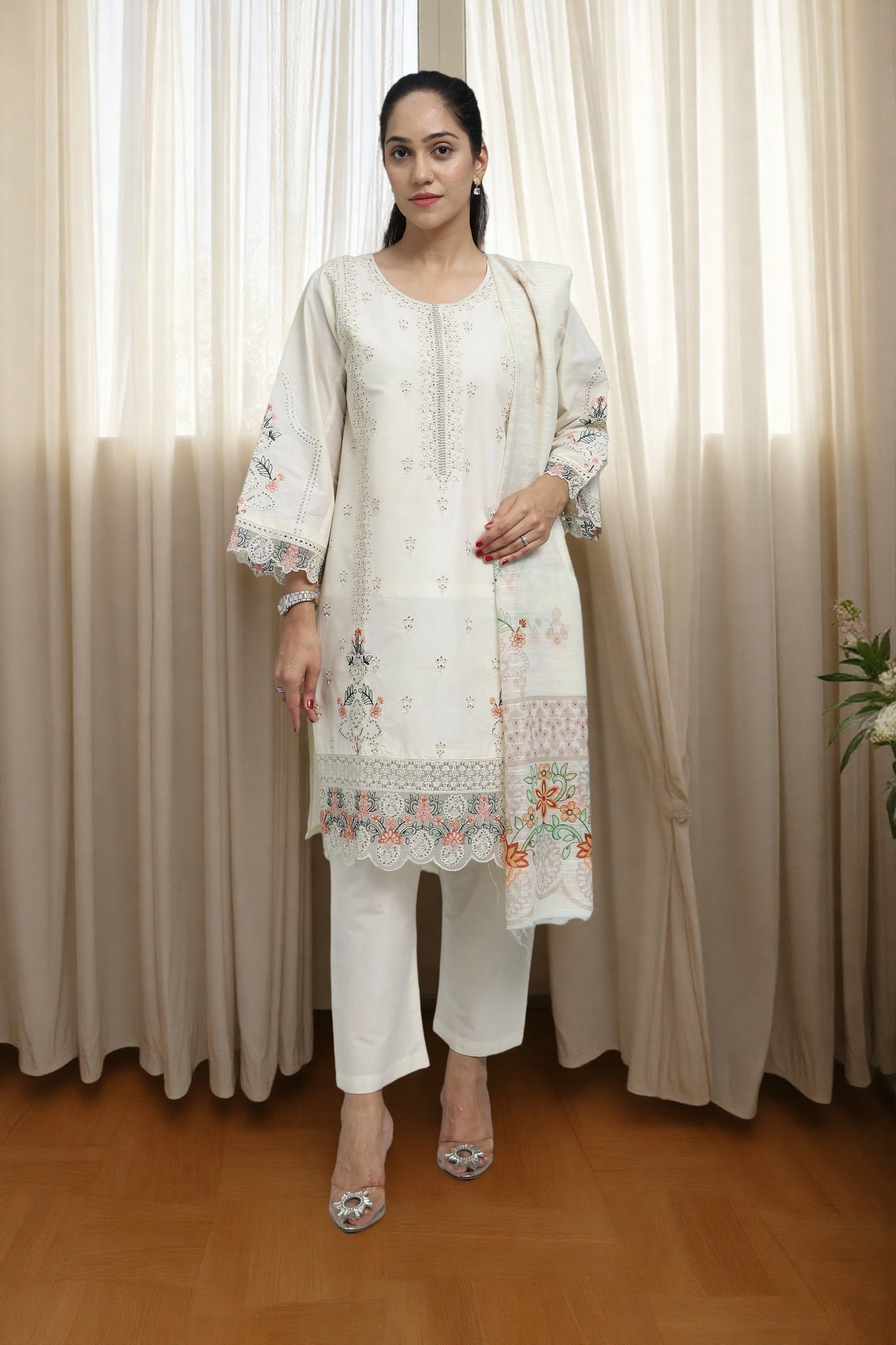 Premium 3-Piece Embroidered Cotton Suit – Soft Fabric with Boring Work | Naqshé