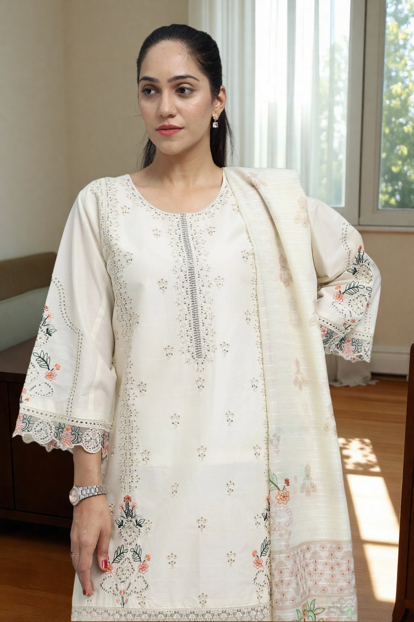 Premium 3-Piece Embroidered Cotton Suit – Soft Fabric with Boring Work | Naqshé